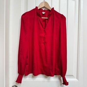 Autres Filles Red Loose Fitting Ruffled Neck Blouse with Puff Sleeve. Size S